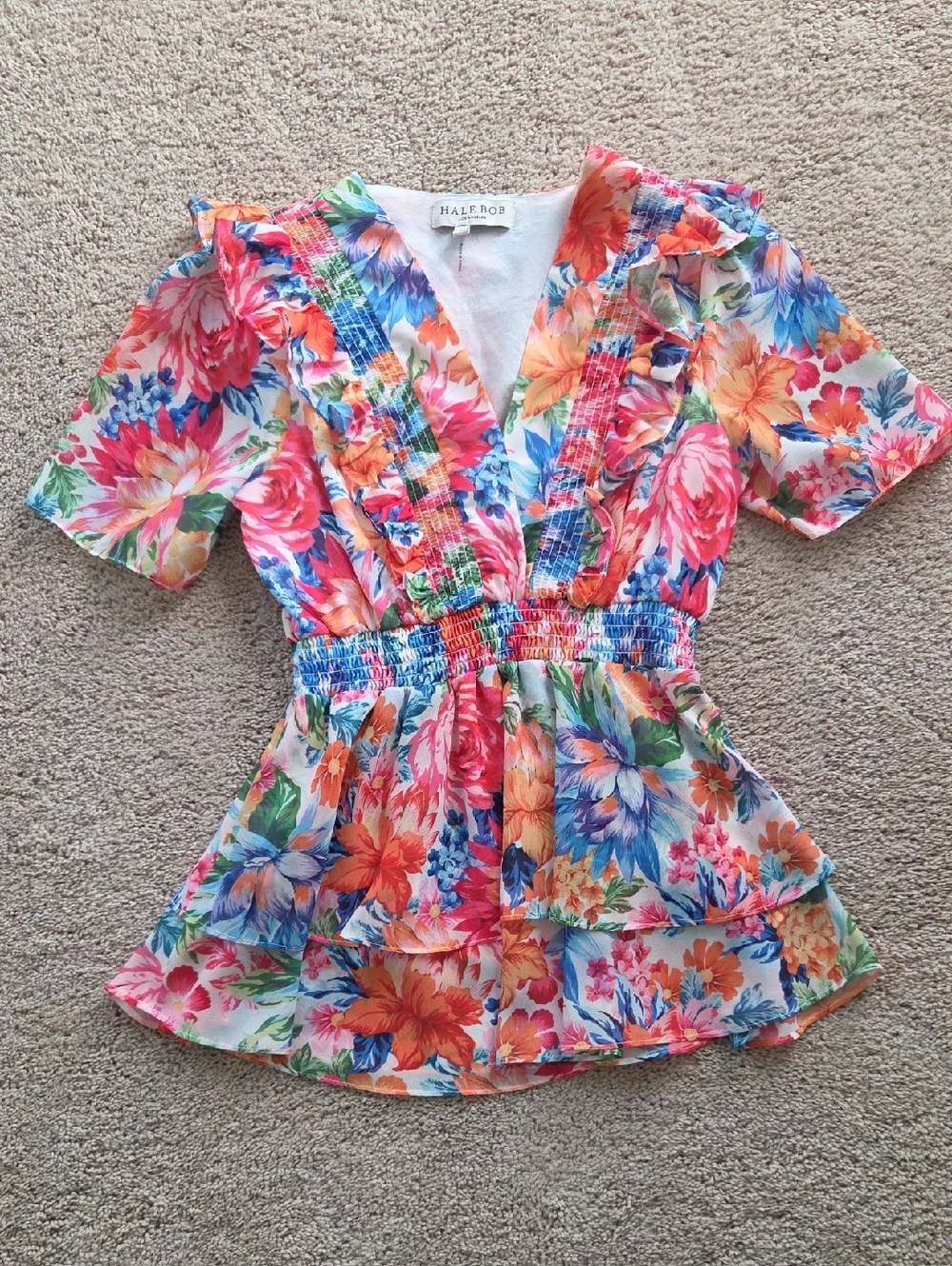 Hale Bob Multicolor Floral V‑Neck Ruffle Smocked Waist Blouse